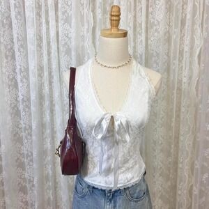West Of Melrose White Lace Halter Top Women's L Bow Coquette Preppy 90s Style